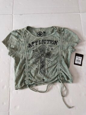 Affliction Sage Green Cropped Graphic Tee with Drawstring
